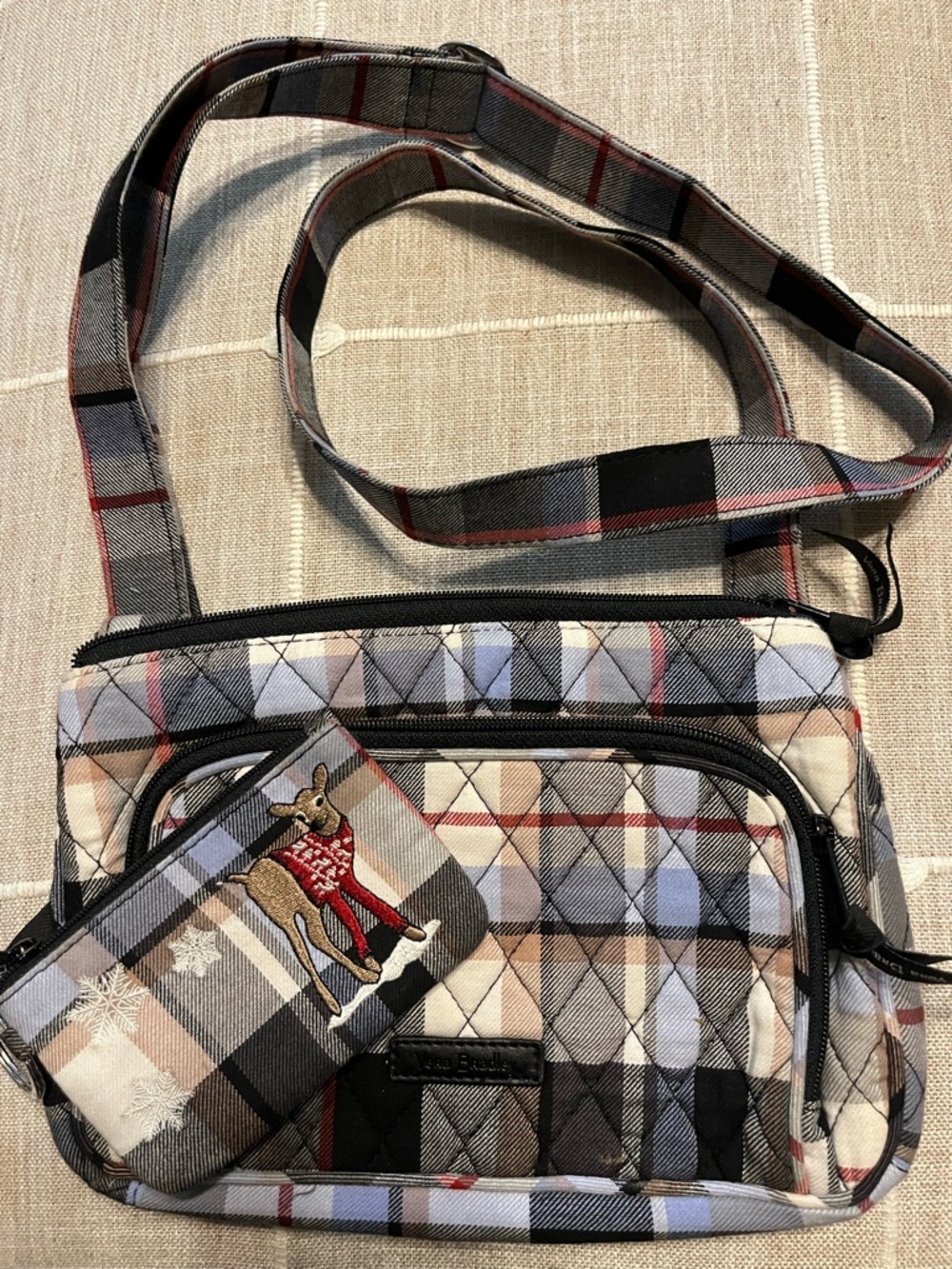 Vera Bradley Quilted Plaid Crossbody Bag in Beige, Gray, Black with Red Accents